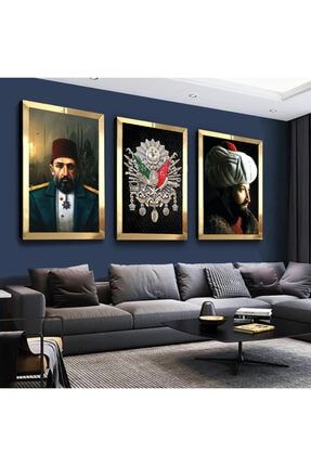 Abdulhamit Han Ve Fatih Sultan Mehmet Gold Pleksi Kenar 3'lü Mdf Tablo Seti ZMDTMP-101