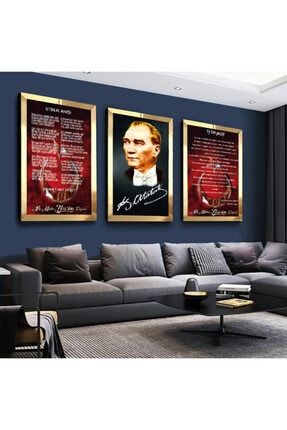 Atatürk Istiklal Marşı Ve Gençliğe Hitabe Gold Pleksi Kenar 3'lü Mdf Tablo Seti ZMDTMP-11