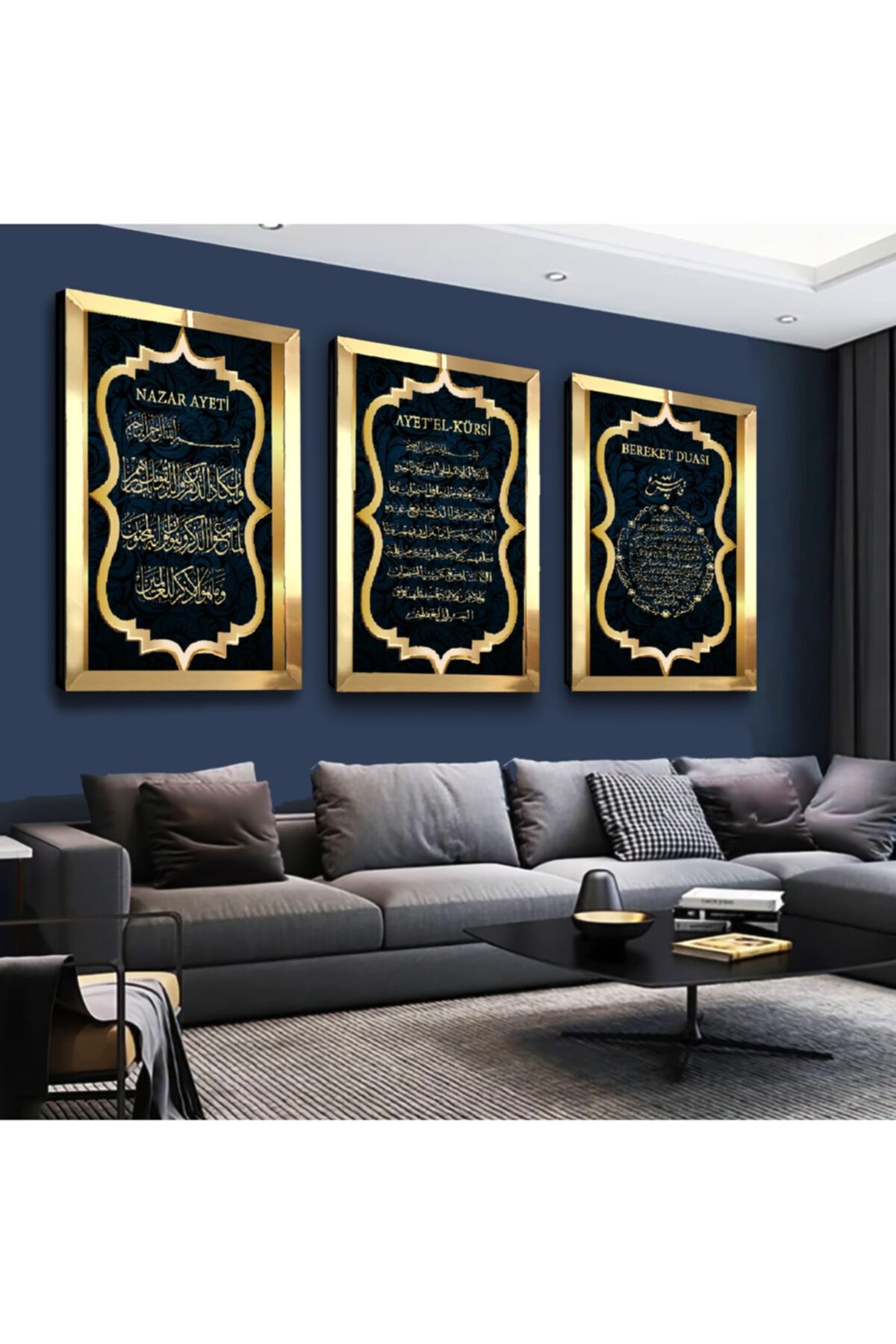 Zevahir Mobilya Dekorasyon Ayetel Kürsi, Nazar Ayeti, Bereket Duası Dini Gold Pleksi Kenar 3'lü Mdf Tablo Seti