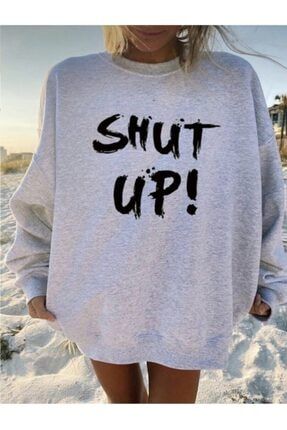 Kadın Gri Shut Up Baskılı Oversize Sweatshirt ShutUp-Gri-Sweatshirt