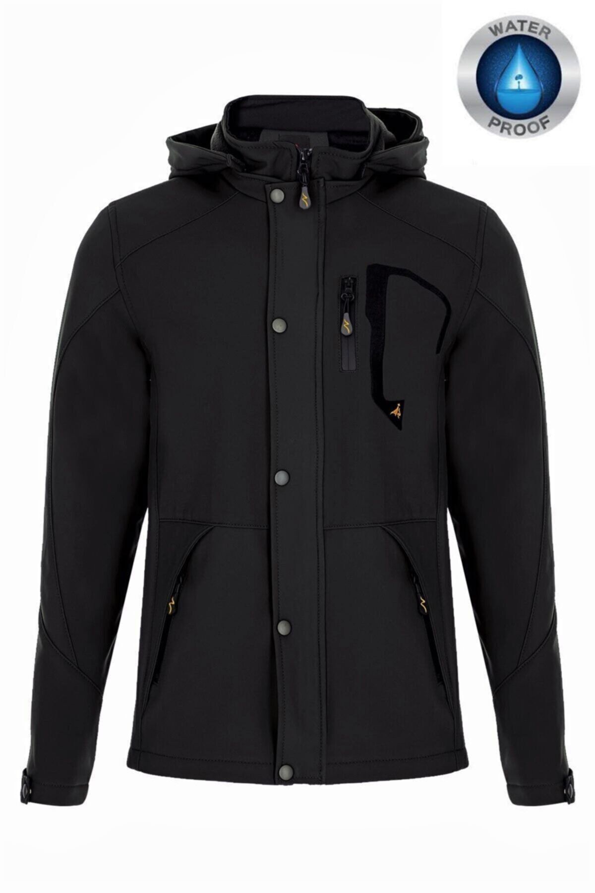 SS See Star Erkek Siyah Kapüşonlu Softshell Su Ve Rüzgar Geçirmez Cep Detaylı Içi Kürklü Kışlık Mont IB12361