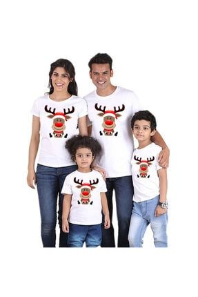 Lüx Yılbaşı Aile Kombini 4lü Beyaz Tişört Seti Pamuklu Aile Boyu Tshirt HMYIL29902358