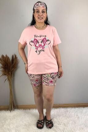 Kadın Büyük Beden Çiçek Desenli Kısa Kollu Şortlu Pijama Takımı TARZ7859
