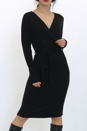 Kemerli Kruvaze Kadın Şık Elbise - Siyah Kemerli Kruvaze Elbise
