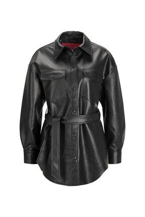 Jxluna Faux Leather Overshirt Noos Klasik Yaka Bol Kesim Düz Siyah Kadın Mont 5002784431