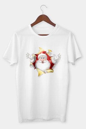 En Güzel Yılbaşı Hediyesi Üç Boyutlu Noel Baba Baskılı Beyaz Unisex Tişört he-ybt-001