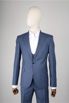 Slim Fit Mavi Yelekli Takım Elbise Kendinden Desenli MSTKM-15