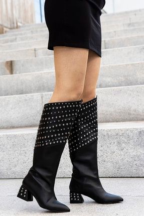 Bella Siyah Deri Trok Detay Kadın Topuklu Çizme FSTRBL1