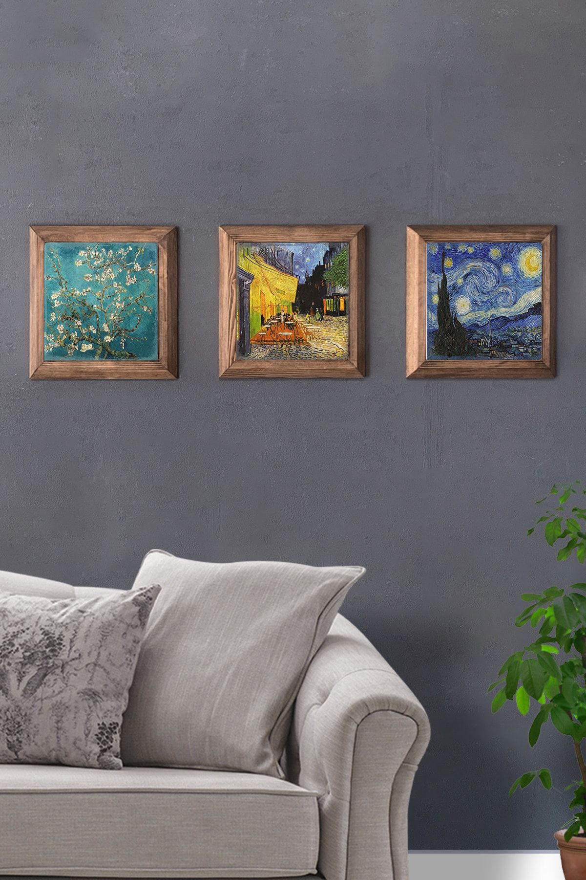 Oscar Stone Decor Masif Çerçeveli 3'lü Set Taş Tablo Pano 28x28 Vincent Van Gogh Tabloları