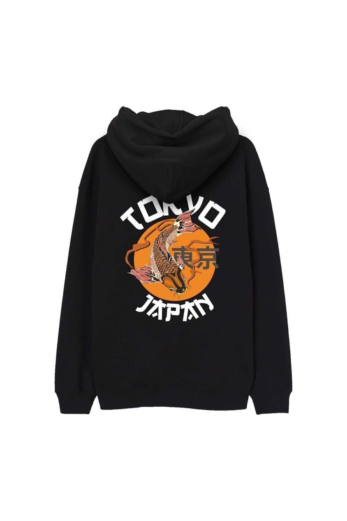 MODAGEN-Unisex φούτερ με κουκούλα, μαύρο oversize, με στάμπα Tokyo 1