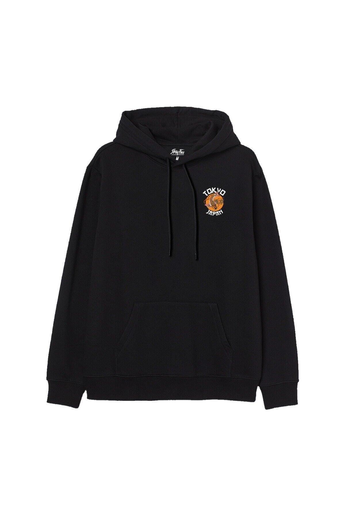 MODAGEN-Unisex φούτερ με κουκούλα, μαύρο oversize, με στάμπα Tokyo 2