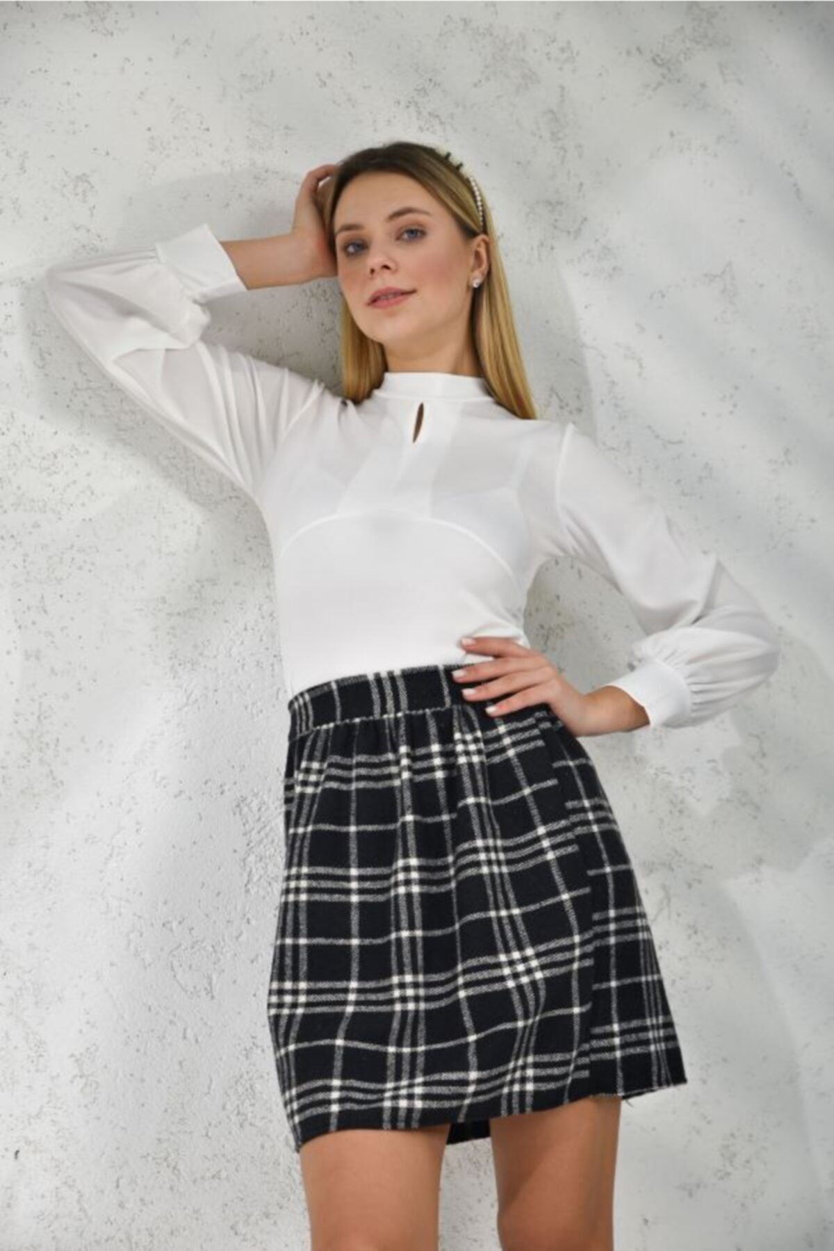 Plaid elastic online waist mini skirt