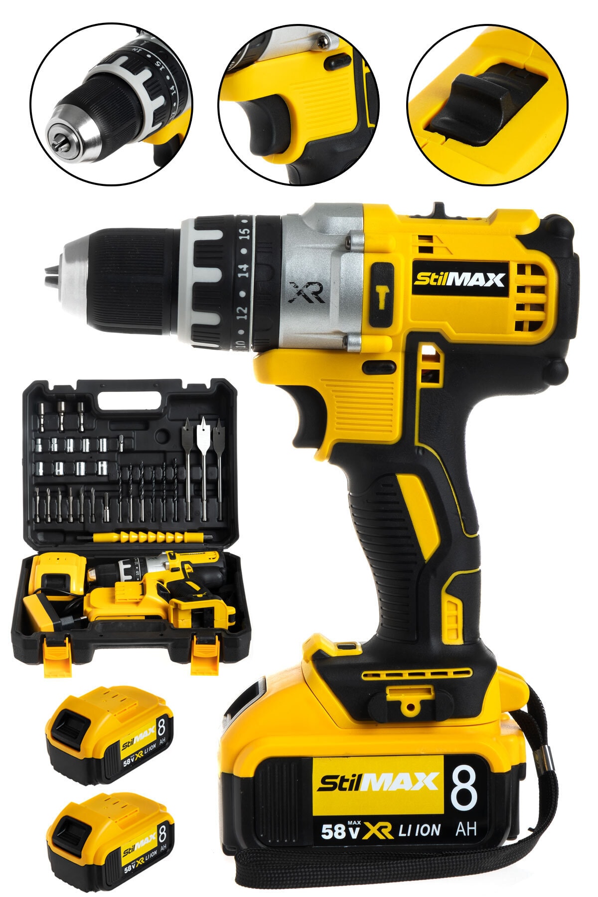 STILMAX 58 V 8 Ah Çift Metal Şanzuman Çift Samsung Akülü Darbeli Şarjlı Matkap Vidalama + 30 Parça Usta Seti