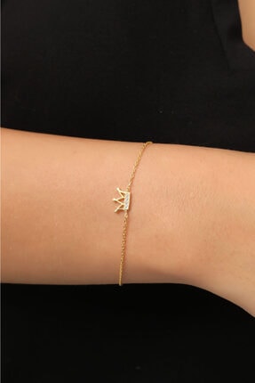 Bilsen Store Tamamı 925 Ayar Gümüş Altın Kaplama Beyaz Zirkon Taşlı Taç Bileklik