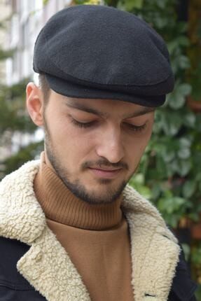 London Siyah Kasket Kaşe Kışlık Kumaş Şapka GÖKSU-1