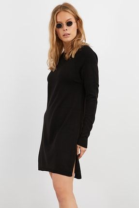 Kadın Siyah Çift Yırtmaçlı Triko Elbise YV77
