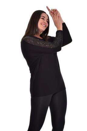 Kadın Siyah Büyük Beden Payet Şerit Detay Yarasa Kol Esnek Viskon Bluz VXL-0122