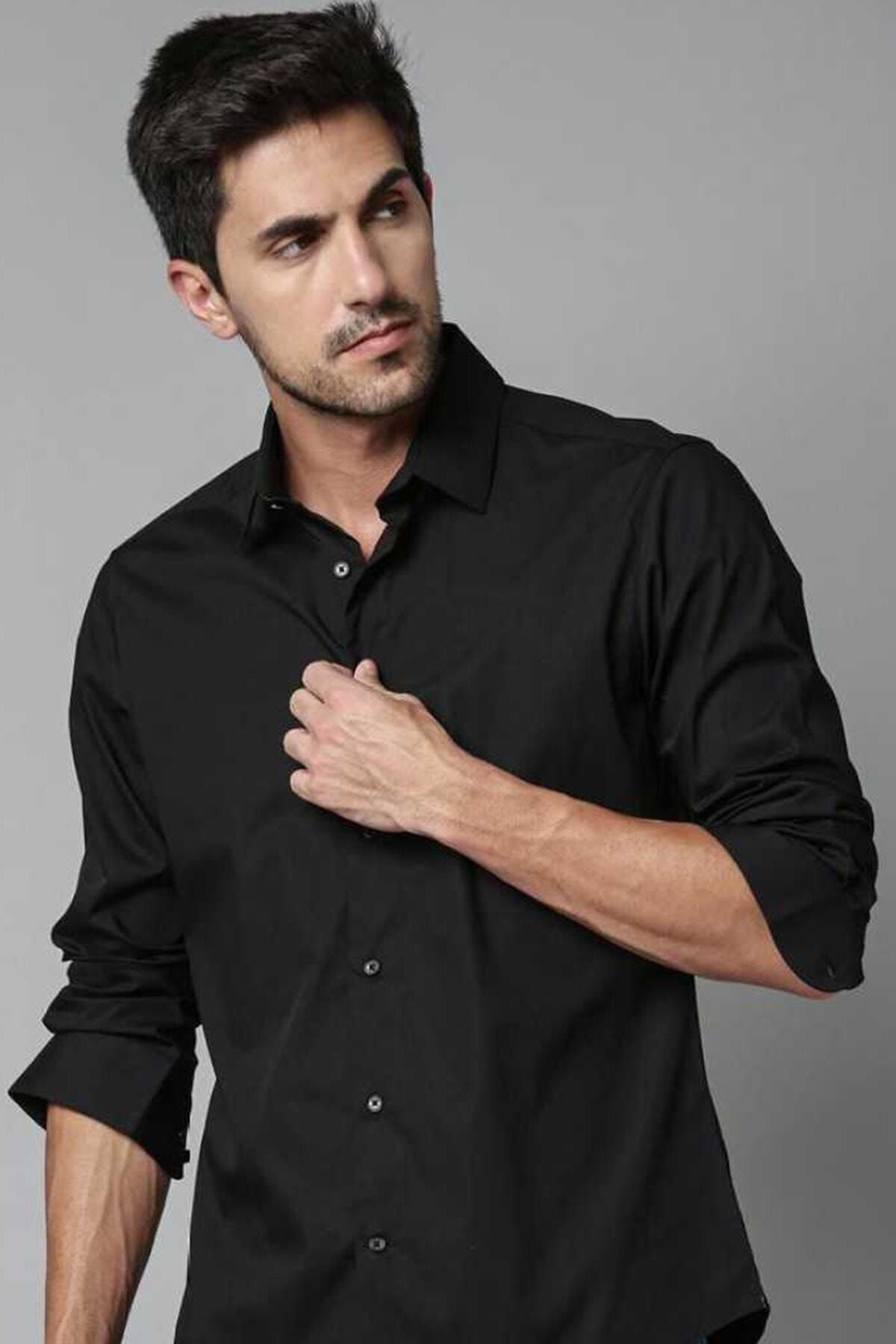 Lumans-Men's Black Matte Satin Slim Fit Shirt 2