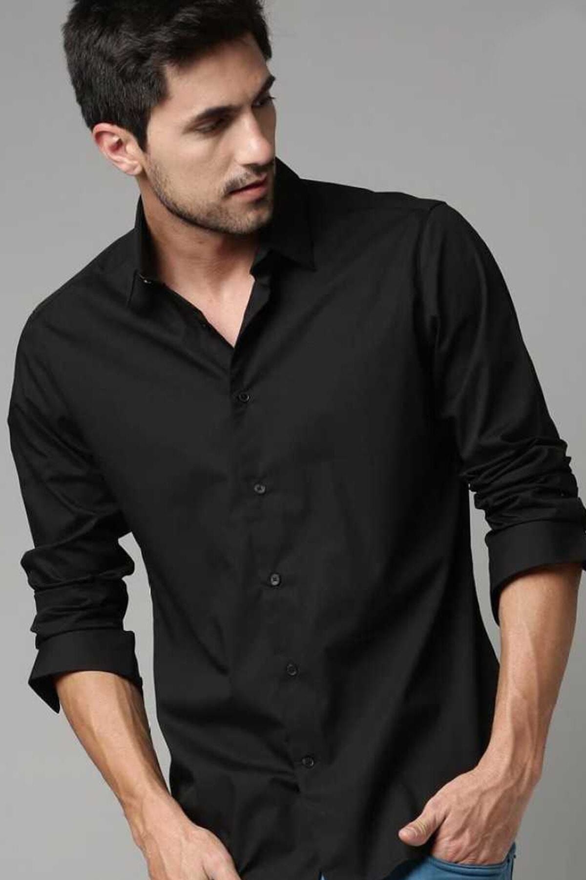 Lumans-Men's Black Matte Satin Slim Fit Shirt 3