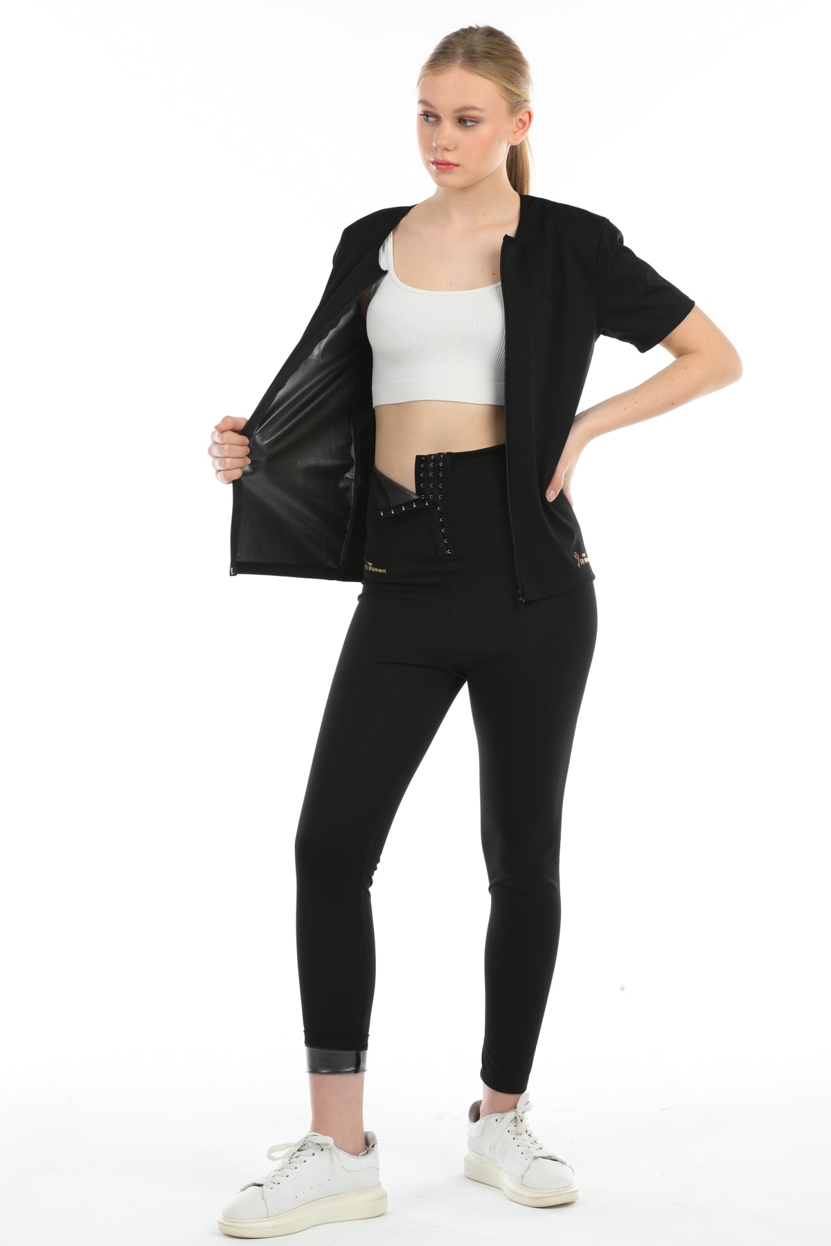 F&W FİT WOMEN Sauna Agraflı Tayt ve Fermuarlı Kısa Kol