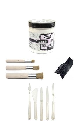 Rich Rölyef Pasta Klasik 350 gr Beyaz Stencil Fırça Seti Plastik Spatül Seti Doku Tarağı Glance-RölyefPastaSet1-Hobima