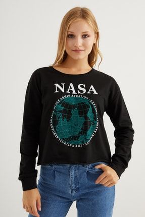 Kadın Siyah Baskılı Sweatshirt NASA-100