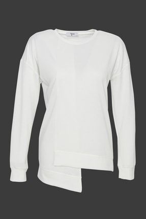 Kadın Ekru Bisiklet Yaka Kat Detaylı Sweatshirt SWT1001