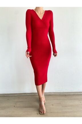 Fitilli Kruvaze Triko Elbise Kırmızı BBG-3922-N