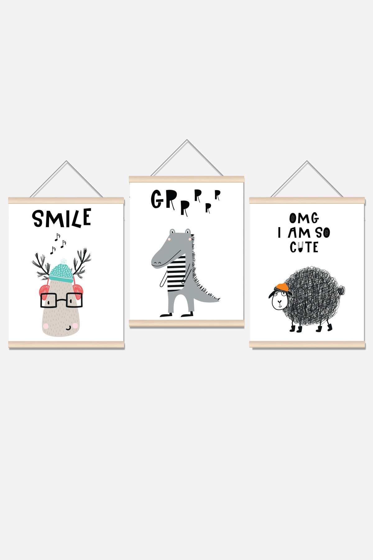 Sevimli Hayvanlar Ip Askılı Çocuk Odası Kanvas Poster Tablo Duvar Dekoru 3'lü Set