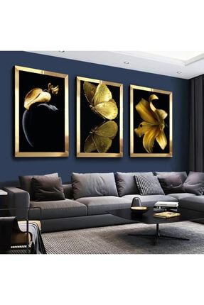 Altın Renk Çiçek Kelebek Modern Gold Pleksi Kenar 3'lü Mdf Tablo Seti ZMDTMP-52