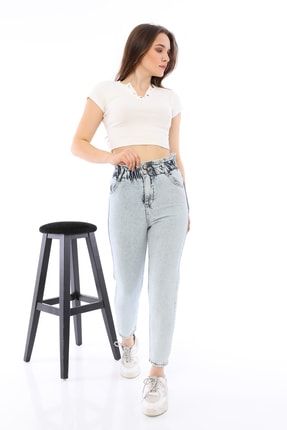 Kadın Beli Lastikli Boyfiend Kar Yıkama Jeans BLU-BEL-LASTİK