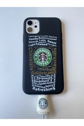 Iphone 11 Uyumlu Starbucks Baskılı Siyah Süet Silikon Kılıf ve Sevimli Kablo Koruyucu GGKMBN0001