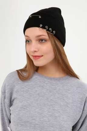 Unisex Siyah Halka Piercing Ve Çengelli Iğne Detaylı Bere Şapka Gc019000 GC0190