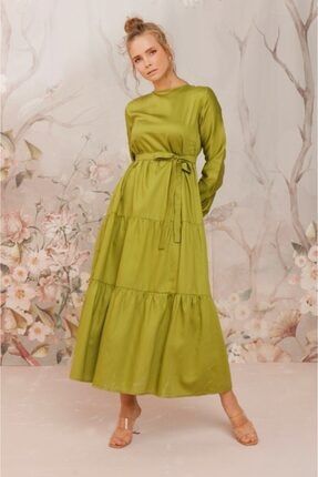 Çagla Yeşili Düz Renk Kat Kat Elbise 123ELBKAT-DUZRENKC