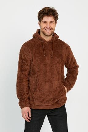 Erkek Kahverengi Peluşlu Kanguru Cepli Kapüşonlu Sweatshirt UNVM010