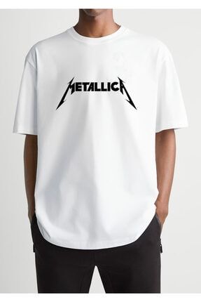 Oversize Beyaz Metalica Logo Baskılı T-shirt TYC00315925877