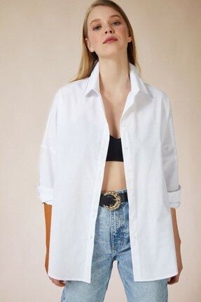 Kadın Beyaz Oversize Uzun Basic Gömlek EC-GML02