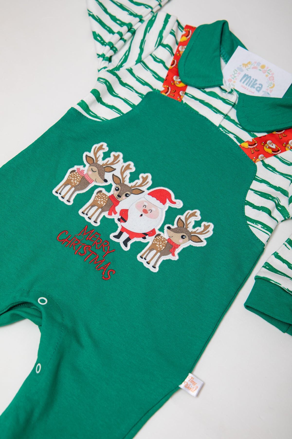 Mika Bebek & Çocuk-Unisex Green Jumpsuit with Rattle Booties and Santa Claus Deer Printed Salopet Look 3