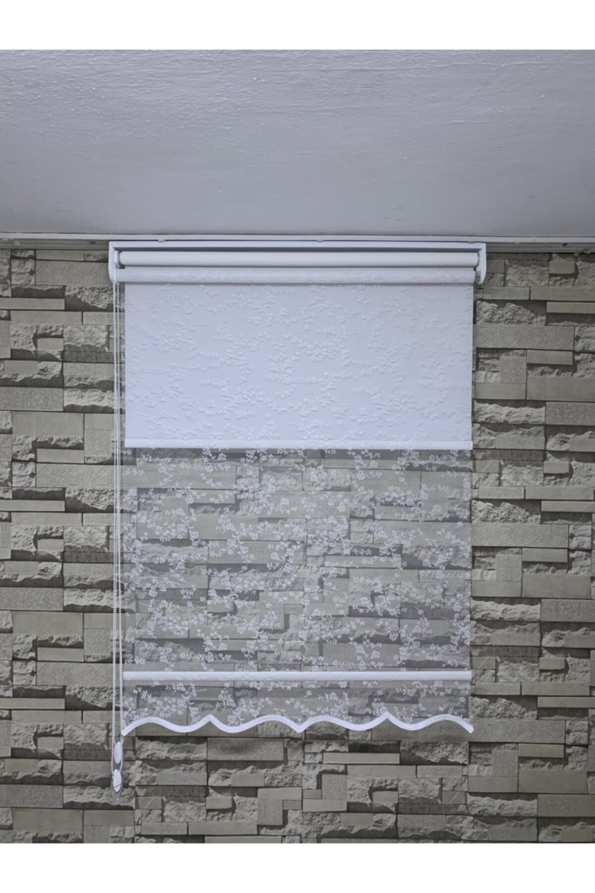PERDECİNİZ-Ivy Small Rose Patterned Double System Tulle Roller Blinds Cream Color (with Skirt) 6