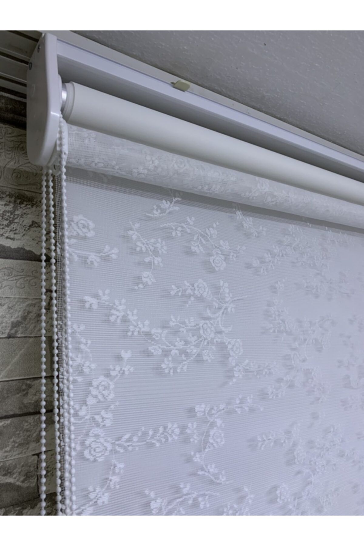 PERDECİNİZ-Ivy Small Rose Patterned Double System Tulle Roller Blinds Cream Color (with Skirt) 8