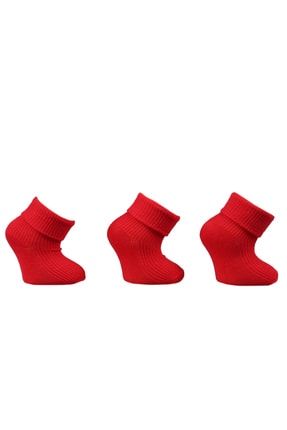 Unisex Bebek Kıvrık Kırmızı Renk Pamuklu Çorap 3'lü Set m0c0101-1228