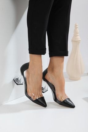 Kadın Şeffaf Siyah Renk Kalın Topuklu Ayakkabı GLR1001