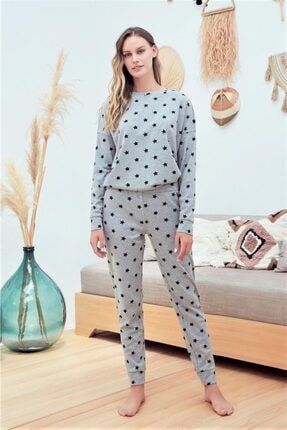 Sıfır Yaka Yıldız Desen Bilekli Bayan Pijama Takım AKYLER29610YPT