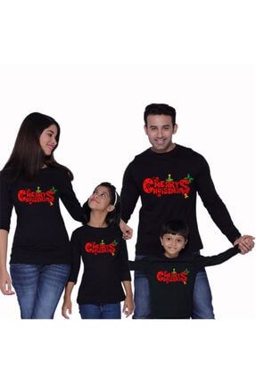 Yılbaşı Aile Kombini Tişört Seti Ince Pamuklu Lüx Uzun Kollu Aile Tshirt Siyah 4lü Merry Christmas HMYIL29902382