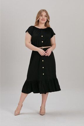 Kadın Siyah Büyük Beden Yaka Lastik Eteği Fırfır Likralı Viskon Elbise VXL-0198