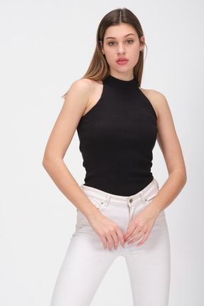 Kadın Siyah Örme Dik Yaka Kolsuz Bluz TS018