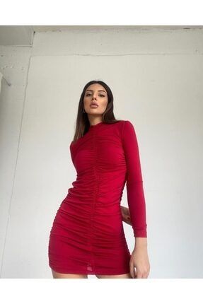 Kadın Kırmızı Büzgülü Likralı Elbise VV-ELBS53653200202015920