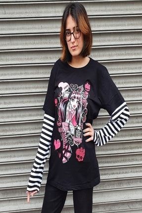 Nefigo Anime Window Flowers Gothic Girl Unisex Siyah Çizgili Kollu T-shirt nfgwfçk