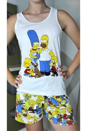 Kadın Simpson Family Baskılı Mavi-beyaz Sıfır Kol Şortlu Pijama Takımı Goon40 GOON40