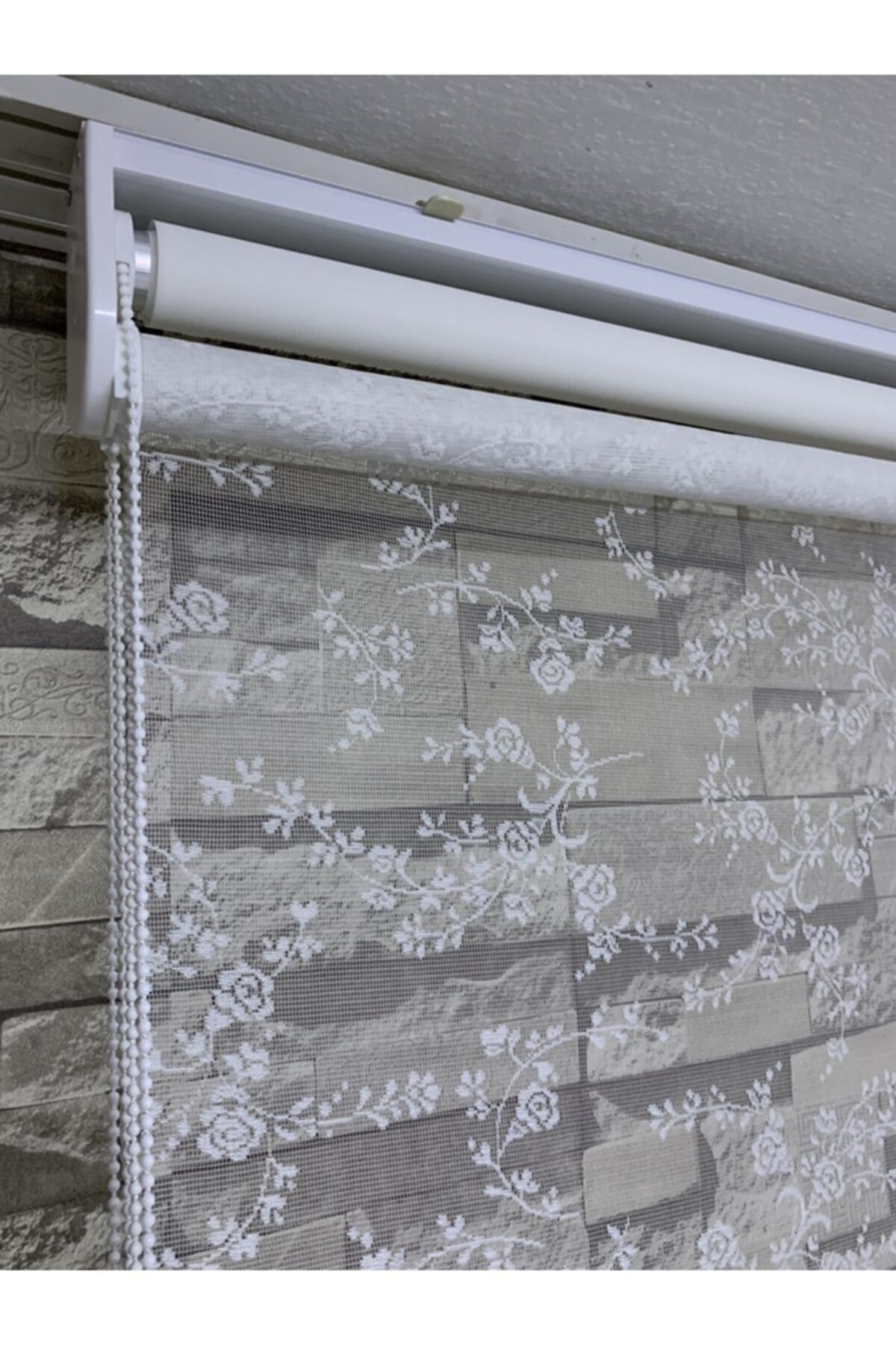 PERDECİNİZ-Ivy Small Rose Patterned Double System Tulle Roller Blinds Cream Color (with Skirt) 4